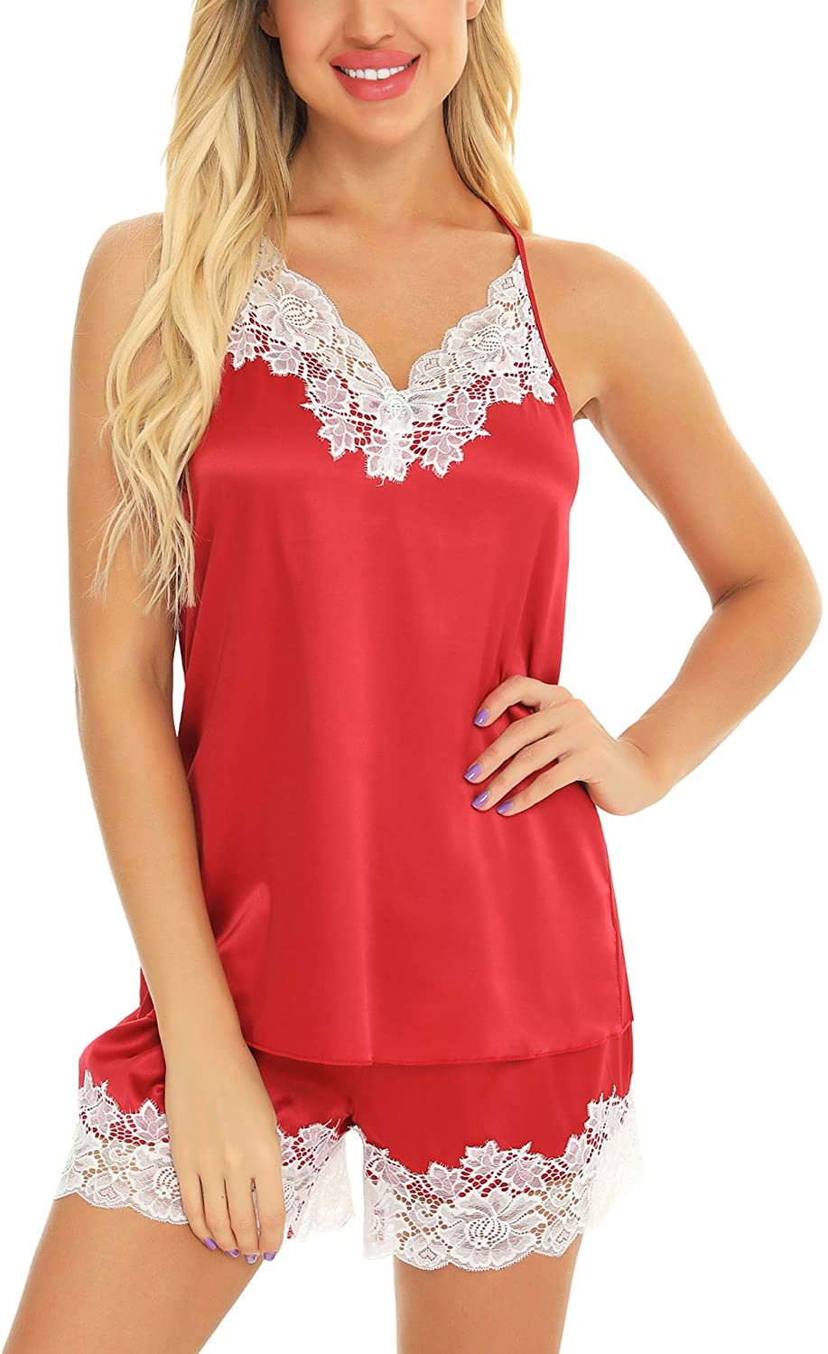 Price:$17.99 Womens Satin Pajama Sets Sexy Lingeries Cami Shorts Set Lace Pj Sleepwear Set at Amazon Women’s Clothing store