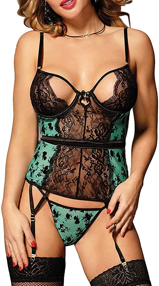 Price:$25.89 Lingerie for Women Lace Bodysuit with Garter Belt Plus Size Babydoll with Underwire at Amazon Women’s Clothing store
