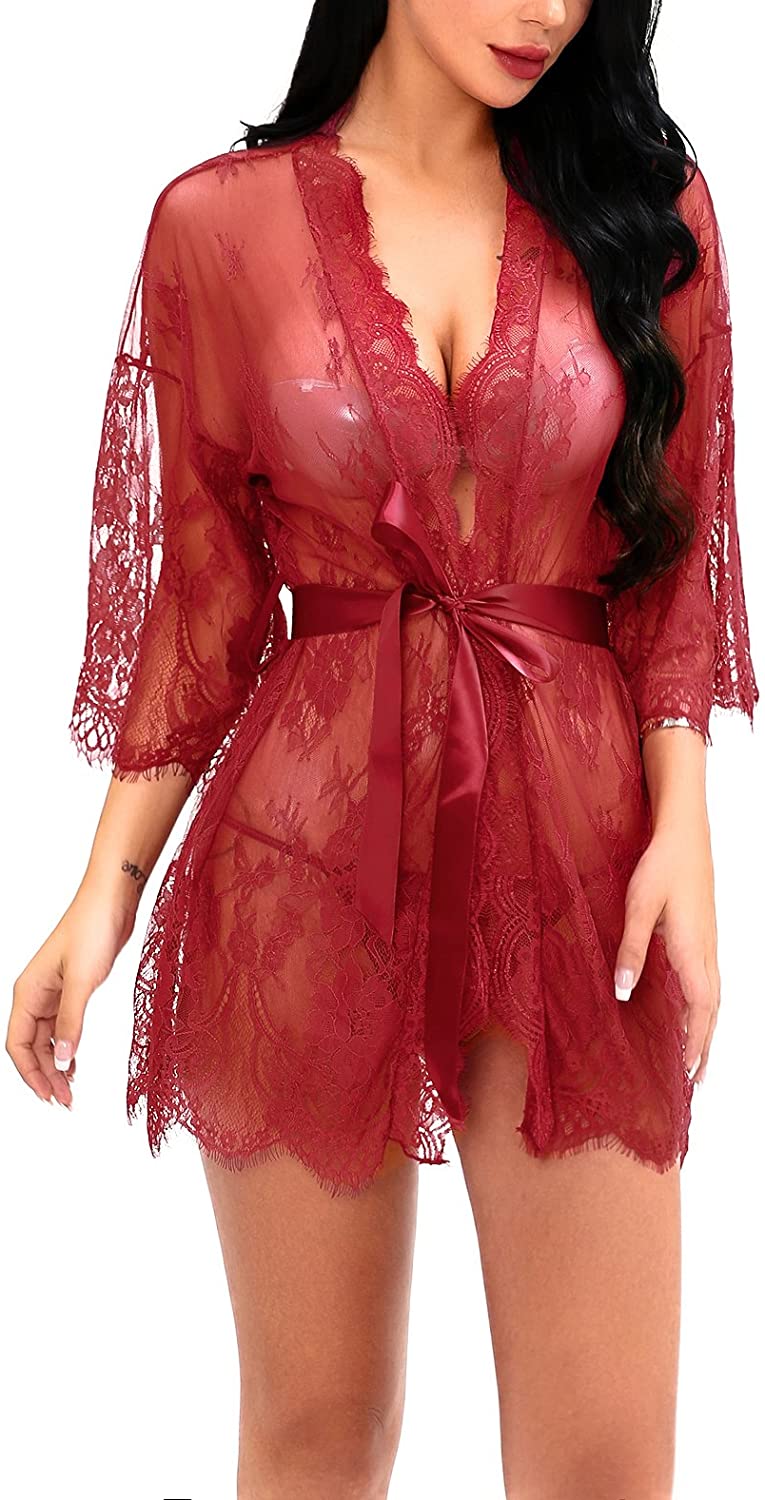 Price:$14.99 Women's Lace Kimonos Lingerie Sexy Mesh Babydoll Floral Robe Nightwear at Amazon Women’s Clothing store