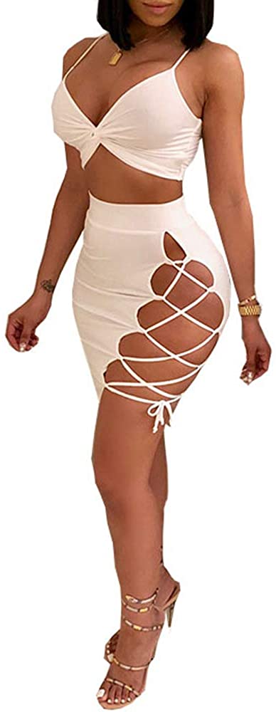 Price:$14.99 Sleeveless Sexy Club Party Bandage Dresses Spaghetti Strap Two Piece Clubwear Crop Top + Lace Up Skirt : Clothing, Shoes & Jewelry
