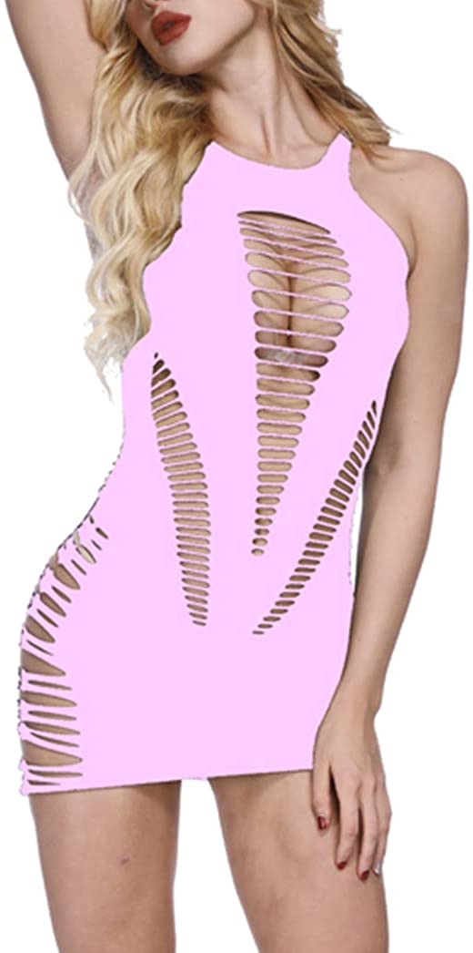 Price:$6.99 Strappy Fishnet Lingerie Sleepwear Mini Dress One Size Pink Chemise (Pink) at Amazon Women’s Clothing store