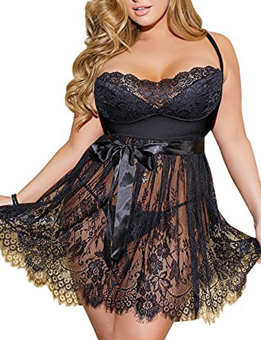 Price:$8.99 Plus Size Babydoll Lingerie Eyelash Lace Lingerie Set Sheer Strap Chemise See Through Sleepwear S-7XL Big Size at Amazon Women’s Clothing store