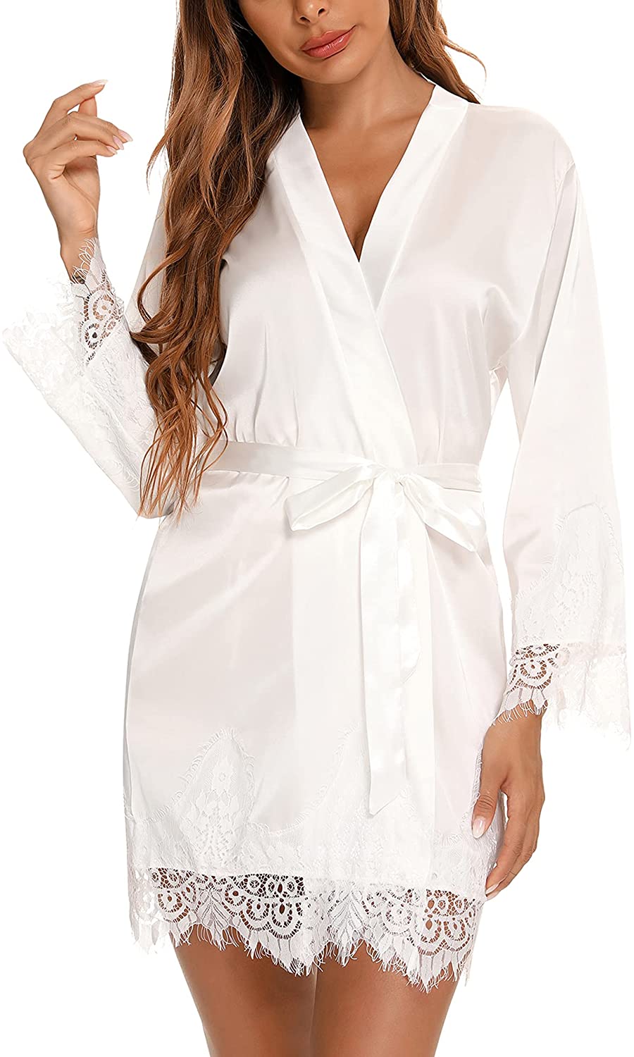 Price:$20.99 Women's Satin Kimono Robe Lace Trim Short Silky Bathrobe Bridesmaid Robes Dressing Gown at Amazon Women’s Clothing store
