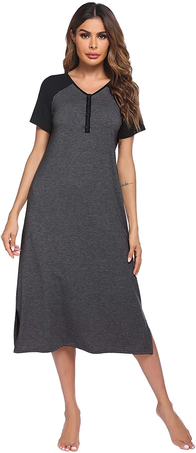 Price:$23.99 Short Sleeve Long Nightgown Womens V Neck Nightshirt Loungewear Pajama Dress Button Down Sleepwear Full Length Sleepdress Deep Grey XL at Amazon Women’s Clothing store
