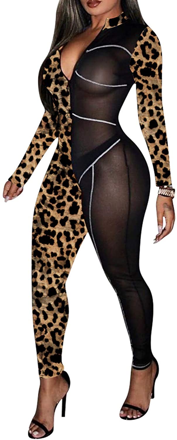 Price:$19.90 Women's Sexy Long Sleeve Zipper Front Leopard Patchwork See Through Bodycon Jumpsuit Rompers : Clothing, Shoes & Jewelry