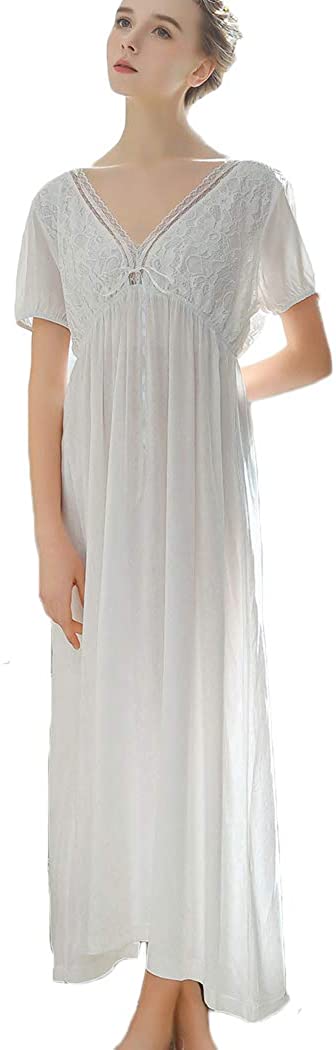 Price:$25.91 Women's Long Short Sleeve Vintage Lace V Neck Nightgown Cotton Sleepwear at Amazon Women’s Clothing store