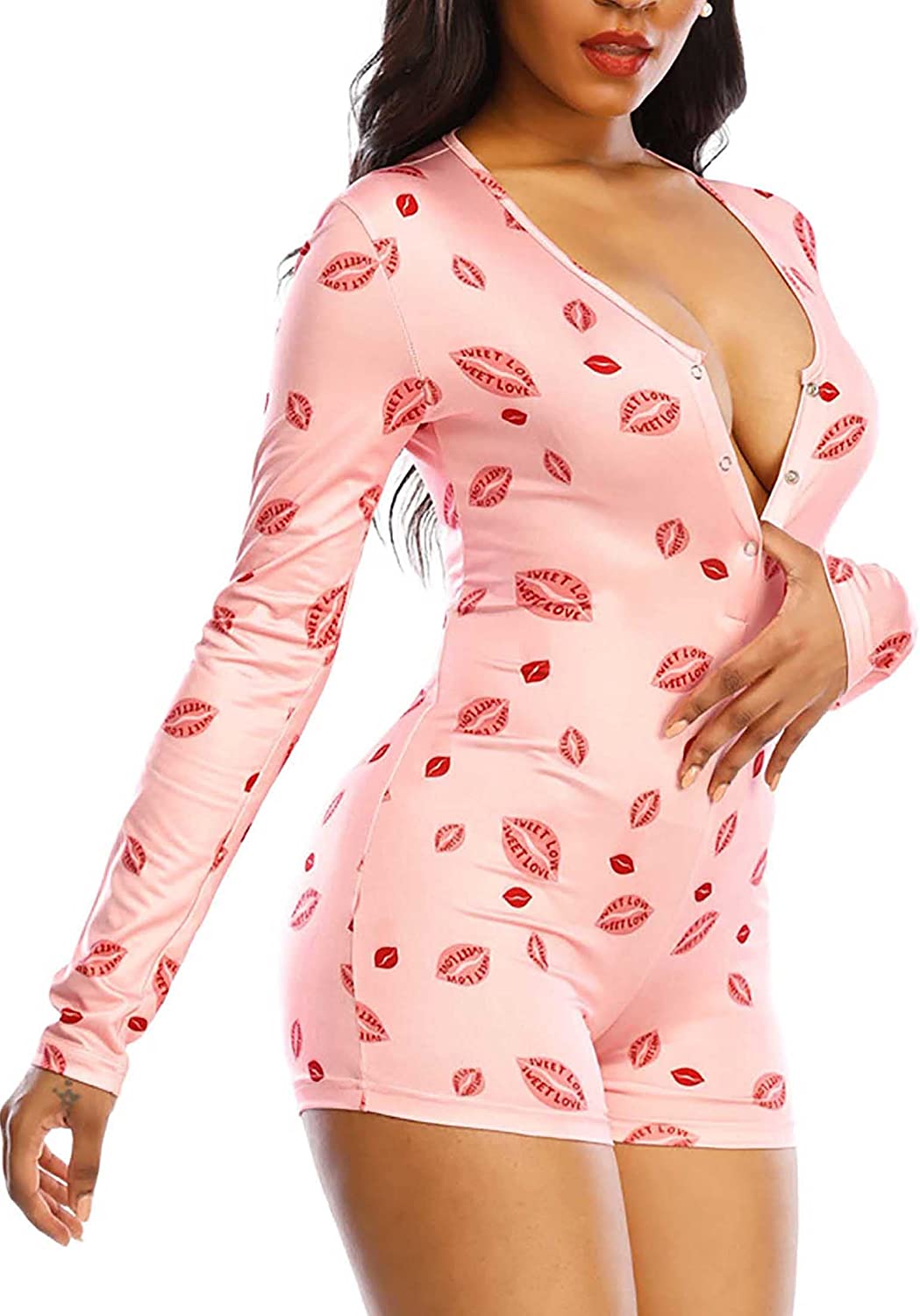 Price:$14.66 Women's V-Neck Short Jumpsuit Sexy Long Sleeve Shorts Bodycon Romper Button Onesies Overall Pajama : Clothing, Shoes & Jewelry