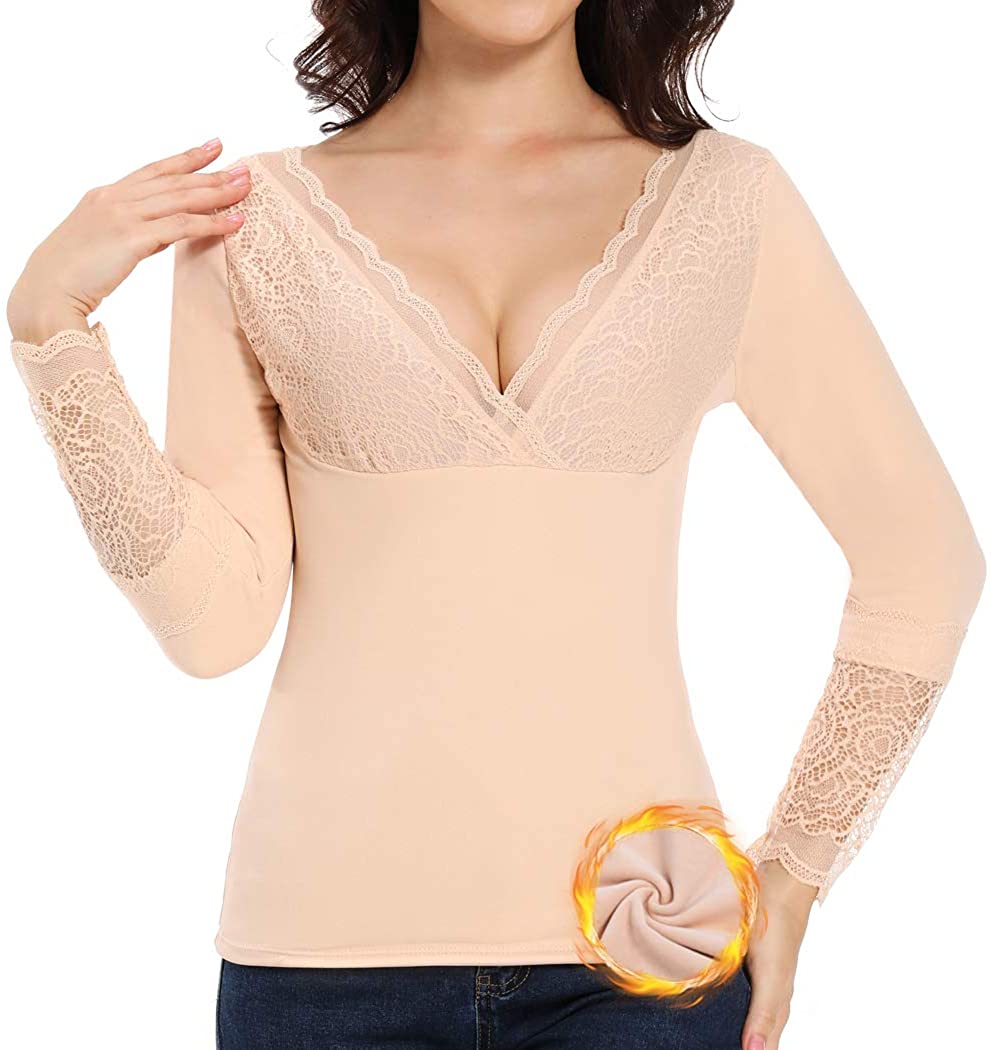 Price:$18.99 Underwear Top for Women V Neck Fleece Lined Tank Tops with Built-in Bra Basic Layer Winter Shirt at Amazon Women’s Clothing store