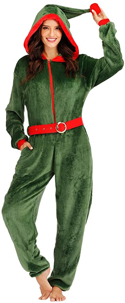 Price:$36.96 Christmas Women Elf Onesie Hooded Fleece Pajamas Costume for Adult Green Sexy Jumpsuit : Clothing, Shoes & Jewelry