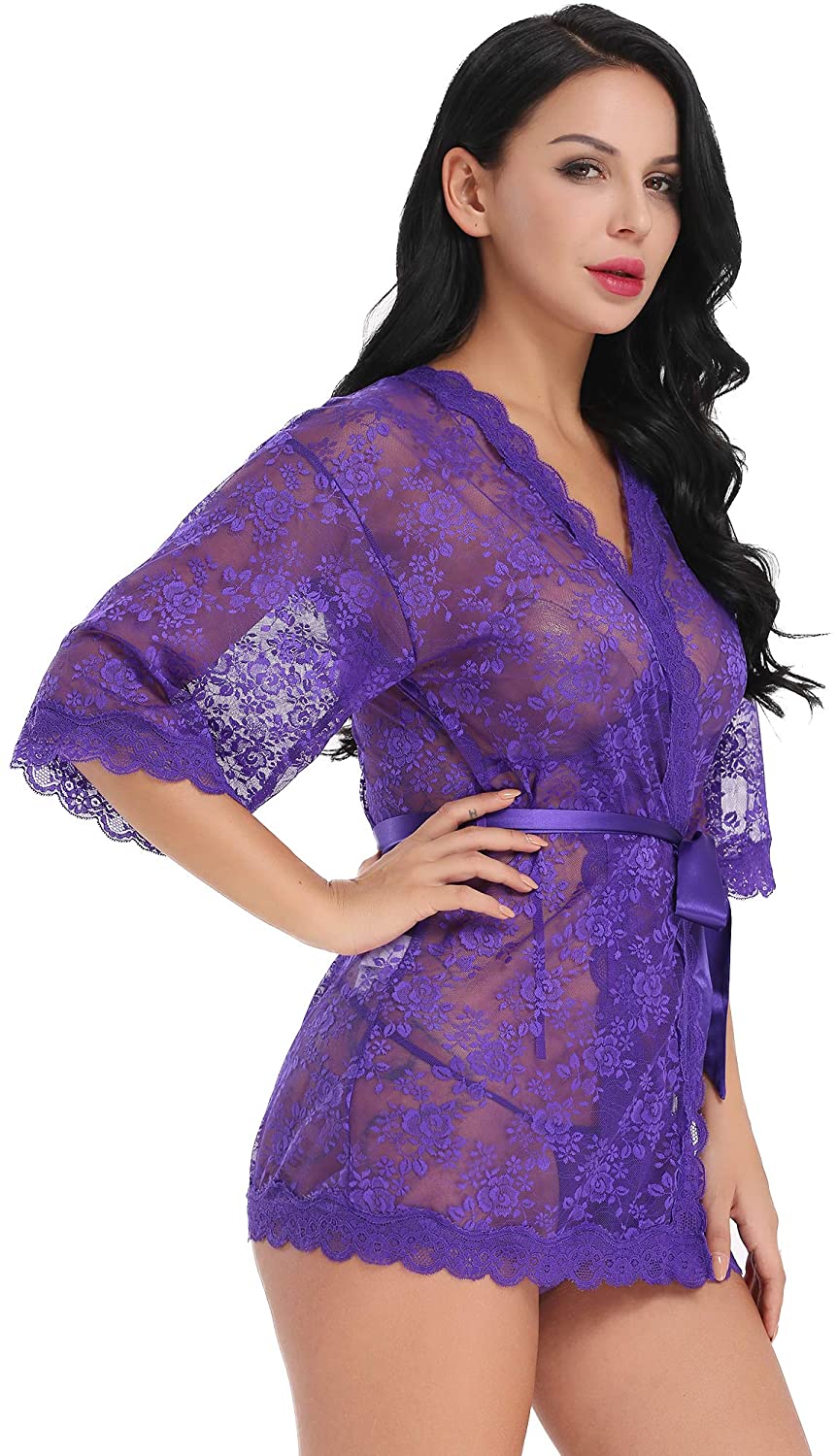 Price:$18.99 Women Lace Robe Sheer Babydoll Lingerie See Through Kimono Set at Amazon Women’s Clothing store