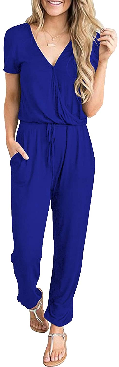 Price:$22.99 Women's Summer Casual Deep V Neck Short Sleeve Wrap Drawstring Waist Jumpsuit Romper : Clothing, Shoes & Jewelry