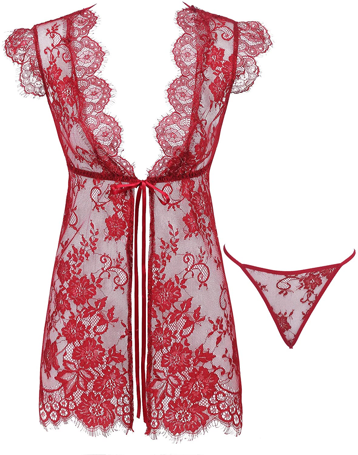 Price:$16.99 Sexy Lingerie Lace Kimono Robe Eyelash Sheer Babydoll Set Mesh Nightgown at Amazon Women’s Clothing store