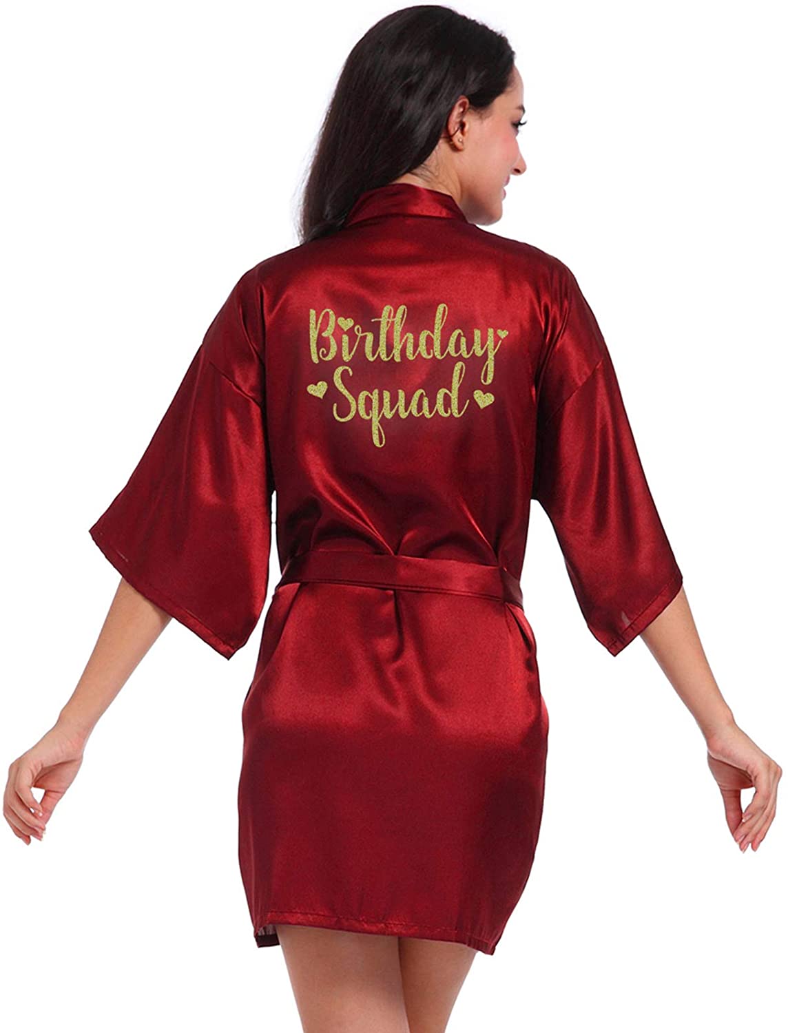 Price:$16.99 Party Robes Silk Kimono Robe with Gold Glitter Squad Queen Women's Bathrobe Nightwear Satin Short Dressing Gowns at Amazon Women’s Clothing store