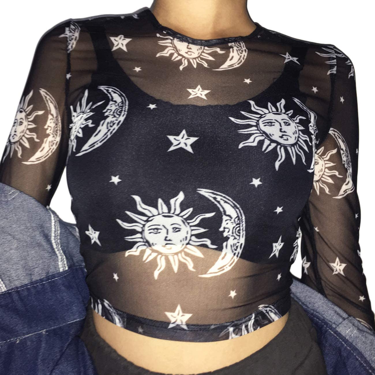 Price:$13.80 Women's Long Sleeve See Through Shirts Angel Print Sexy Sheer Mesh Crop Tops at Amazon Women’s Clothing store