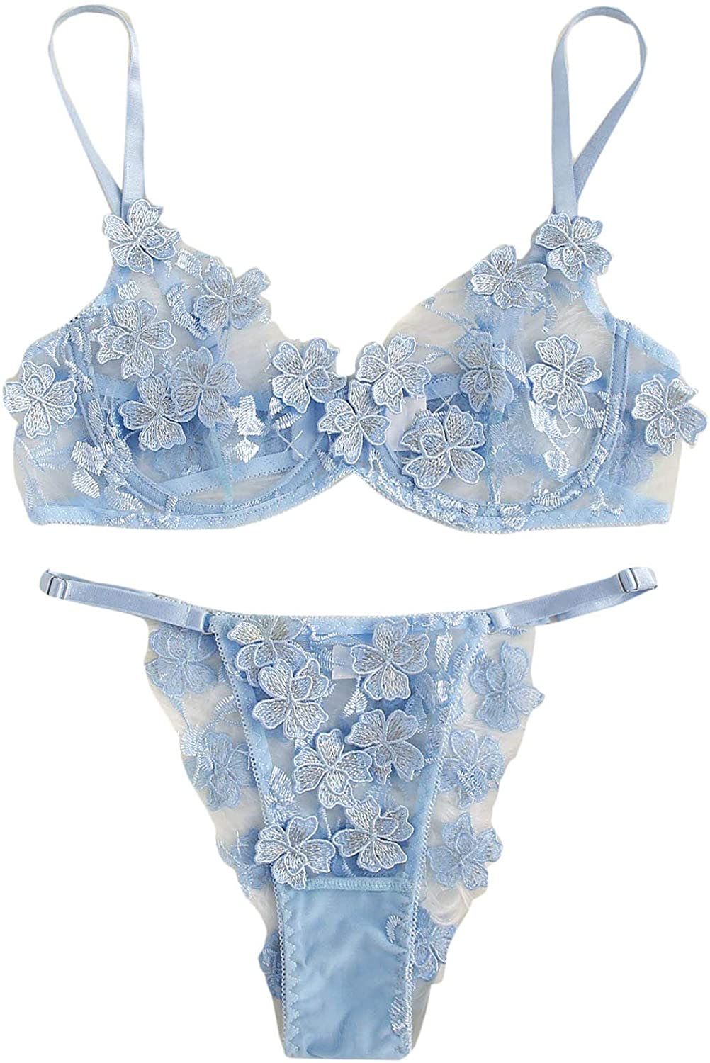 Price:$9.99 Women's Sexy Sheer Lace Spaghetti Strap Flower Applique Lingerie Set: Clothing, Shoes & Jewelry