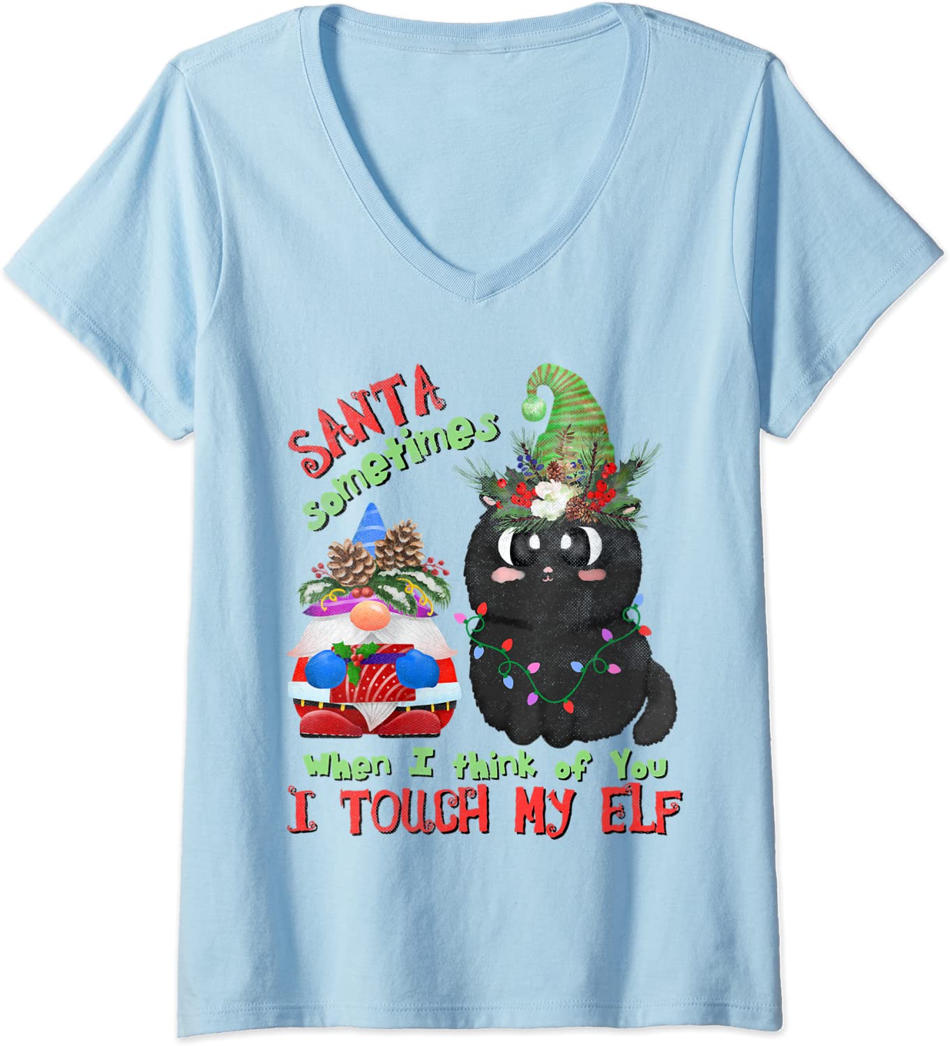Price:$19.99 Naughty Black-Cat Kitten Pun Meowy Catmas Santa Touch-My-Elf V-Neck T-Shirt : Clothing, Shoes & Jewelry