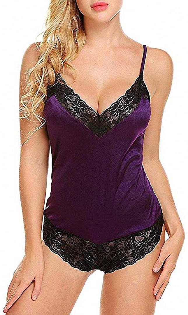 Price:$19.99 Satin Sexy Lingerie Bodysuit Deep-V Stretch Teddy One Piece Lace Babydoll Short Jumpsuit Pajamas (Purple, Large): Clothing, Shoes & Jewelry