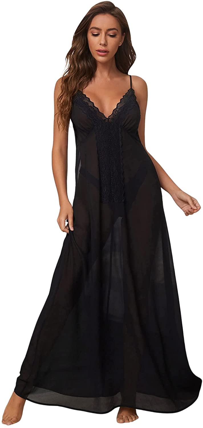 Price:$23.99 Women Lace Trim Strap Sheer Babydoll V Neck Lingerie Maxi Dress Sleepwear at Amazon Women’s Clothing store