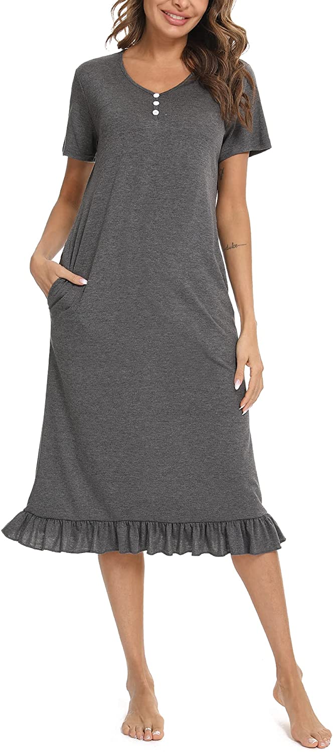 Price:$11.99 Women's Nightshirt Short Sleeve Nightgown Plus Size Long Sleepshirts V-Neck Soft Sleepwear with Pockets S-XXL at Amazon Women’s Clothing store