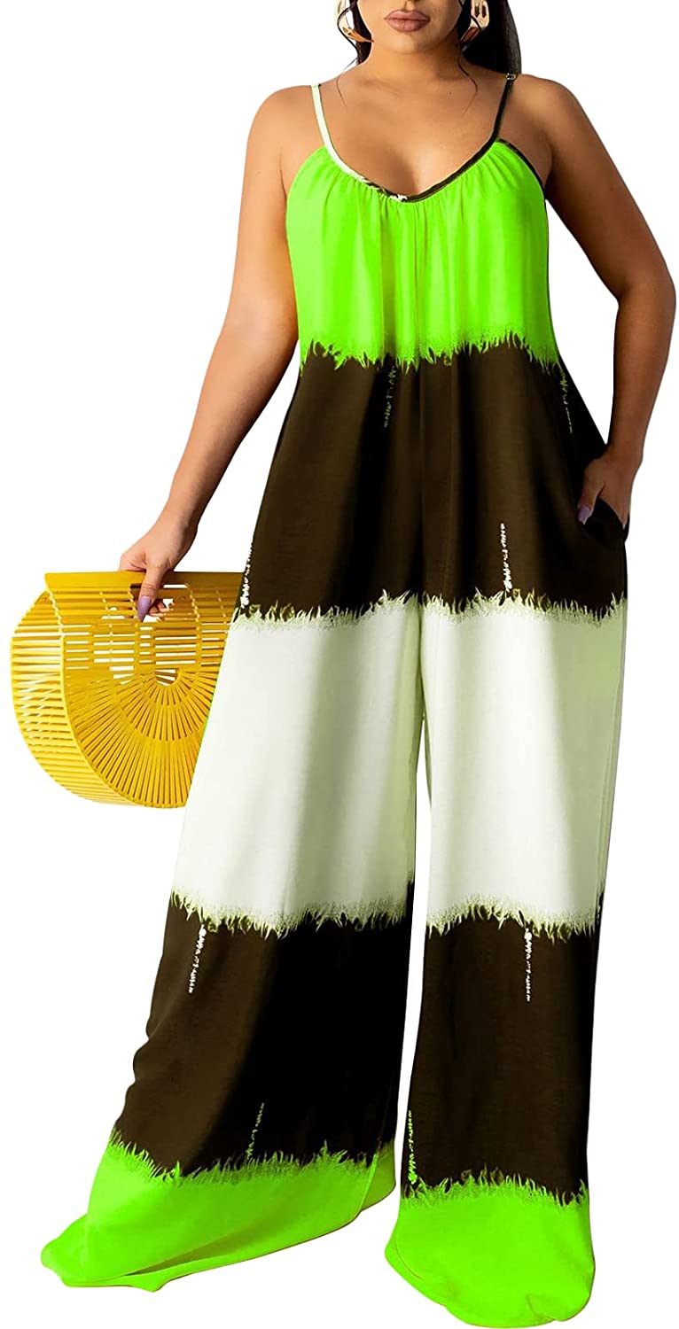 Price:$24.99 Loose Sleeveless Color Block Spaghetti Strap Long Romper V Neck Wide Leg Pants Jumpsuits with Pockets : Clothing, Shoes & Jewelry