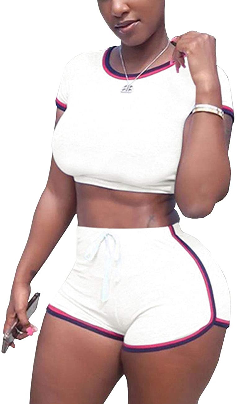 Price:$9.99 Workout Sets Women 2 Piece Tracksuits Outfits Sexy Short Sleeve Crop Top Active Shorts Set at Amazon Women’s Clothing store