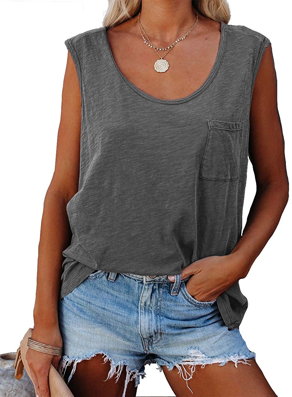 Price:$16.99 Womens Summer Basic Trendy Tank Tops Casual Sexy Sleeveless Loose Fit Cotton Tees Shirts Blouses at Amazon Women’s Clothing store