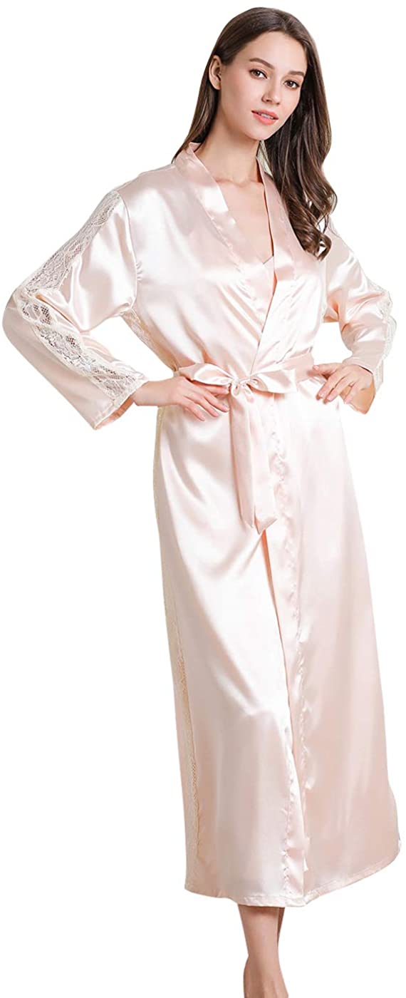 Price:$43.99 2 Piece Women Satin Nightgowns and Robe Set Sexy Silk Slip Dress Chemise Nightdress at Amazon Women’s Clothing store