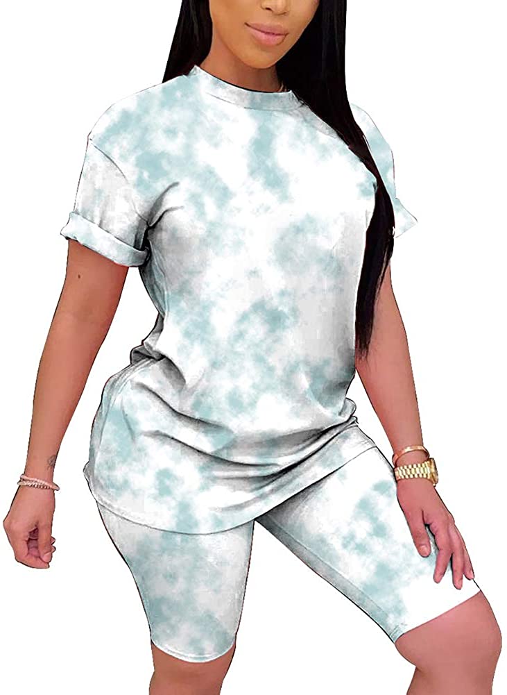 Price:$12.99 Dye Sets for Women - Women Casual 2 Piece Outfit Short Sleeve T-Shirts Bodycon Shorts Set Jumpsuit Rompers at Amazon Women’s Clothing store