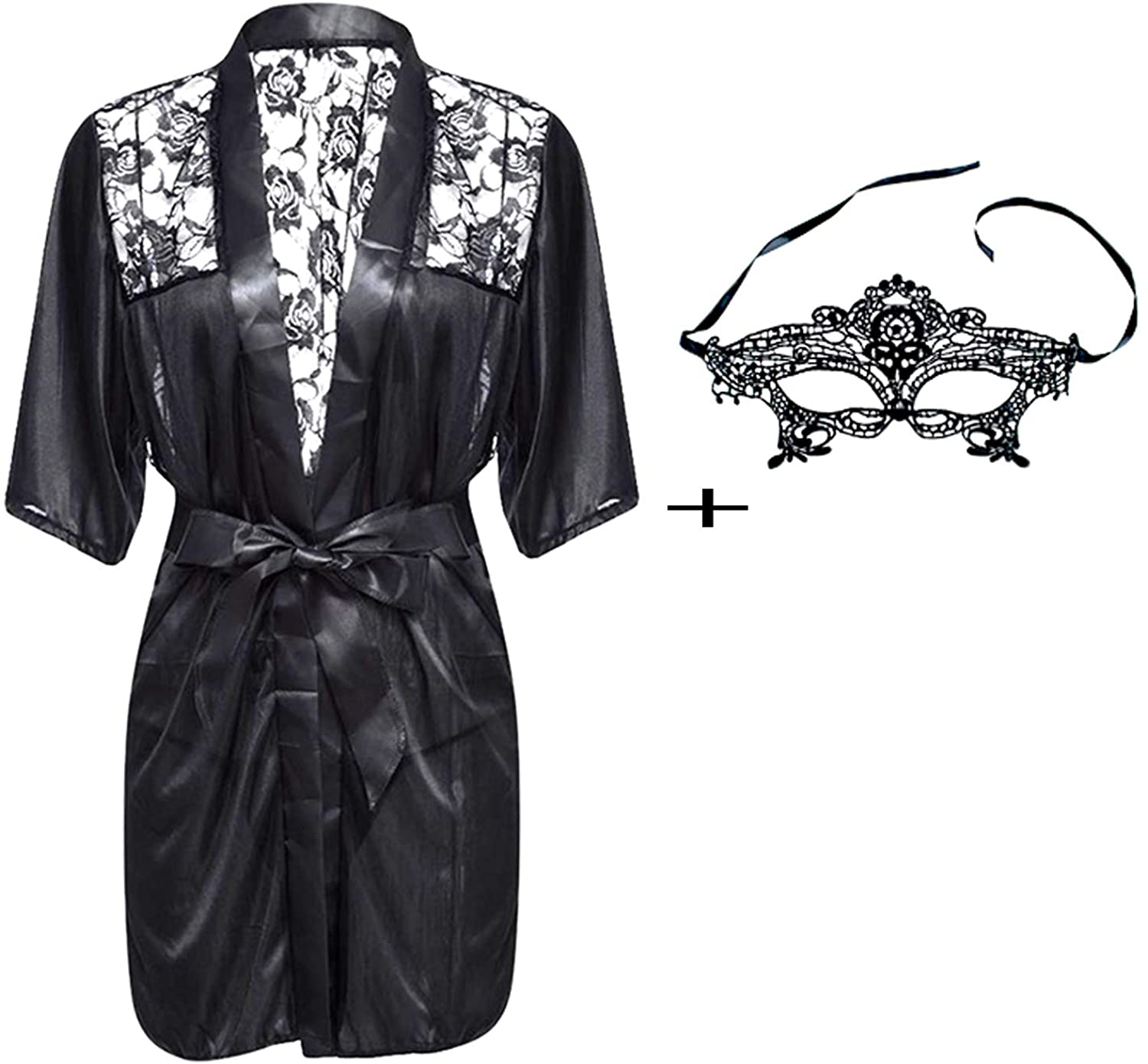 Price:$10.99 Lingerie Robe Short Satin Lace Trim Sexy Kimono Robe Sleepwear with Inside Ties and Lace Eye Mask at Amazon Women’s Clothing store