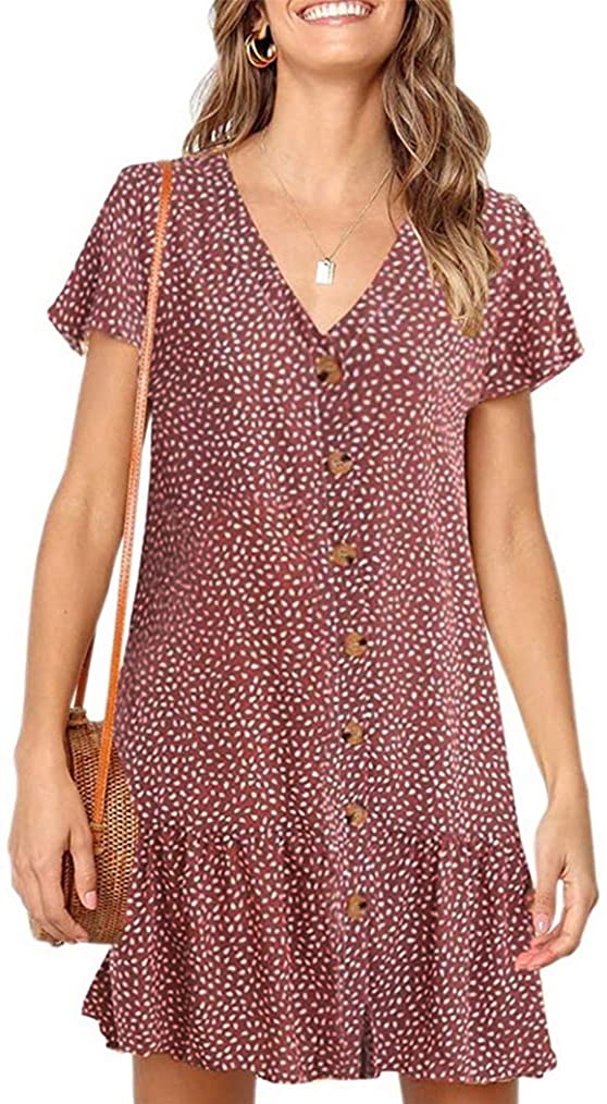 Price:$21.99 Women's Summer Casual Short Sleeve Button Down Ruffle Mini Dress Casual V Neck Flowy Short T Shirt Dress at Amazon Women’s Clothing store