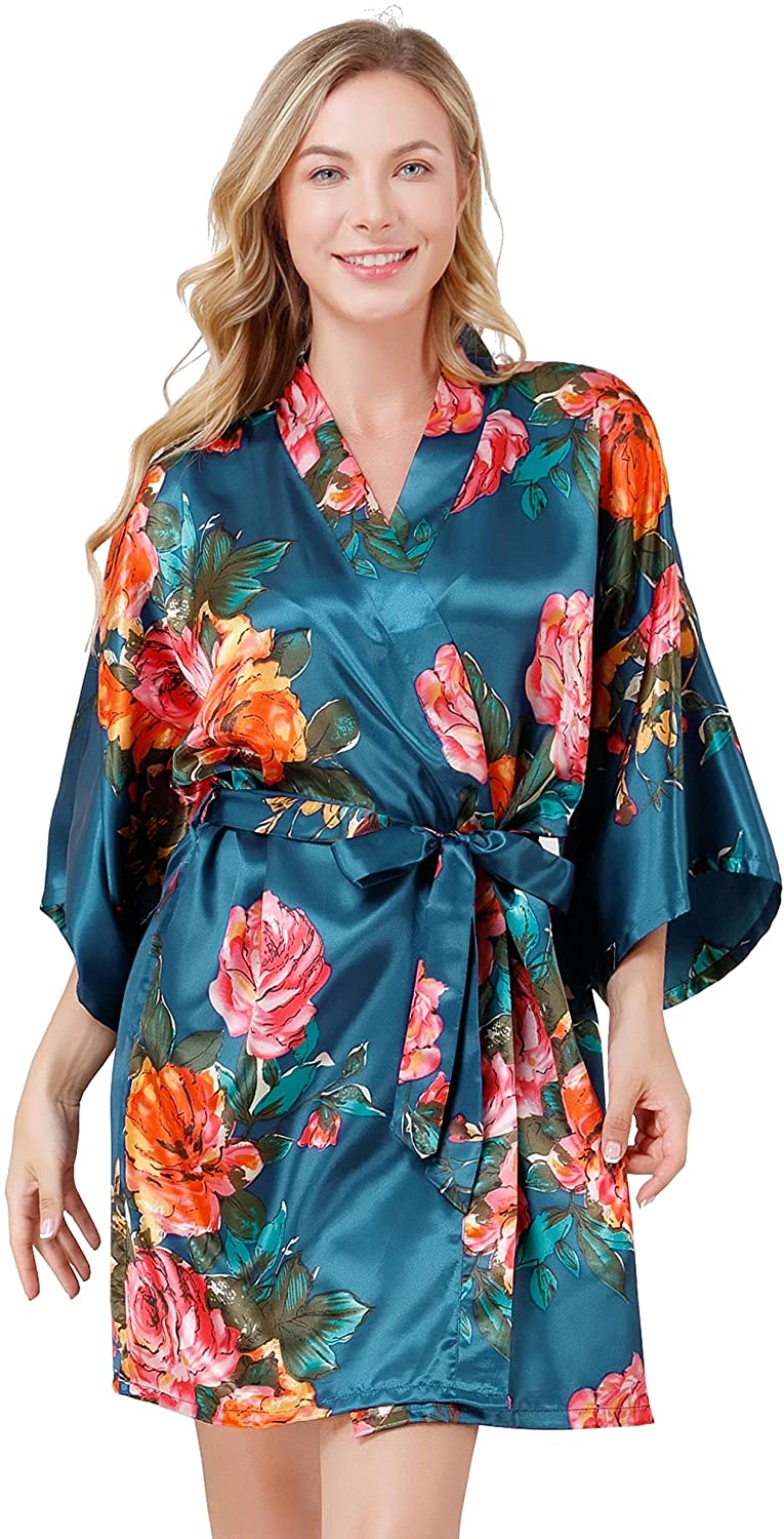 Price:$10.99 Robes for Women Bridesmaid Bride Bridal Party Wedding Short Sexy Peony Patterns Kimono Soft Lounge Robe Sleepwear at Amazon Women’s Clothing store