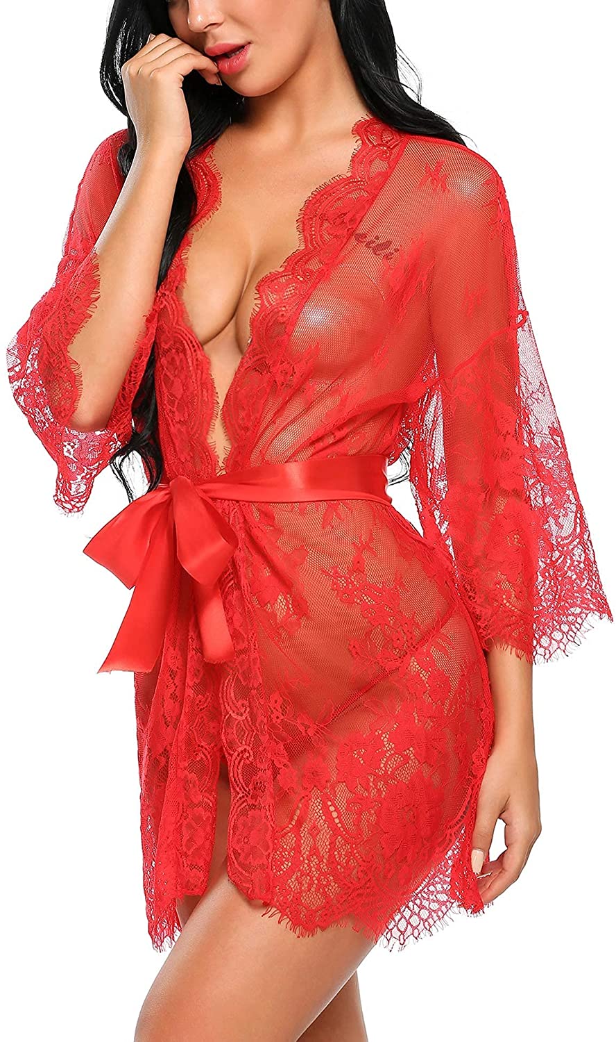 Price:$15.98 Women's Kimono Robe Lace Babydoll Bridal Lingerie Sheer Mesh Nightgown at Amazon Women’s Clothing store