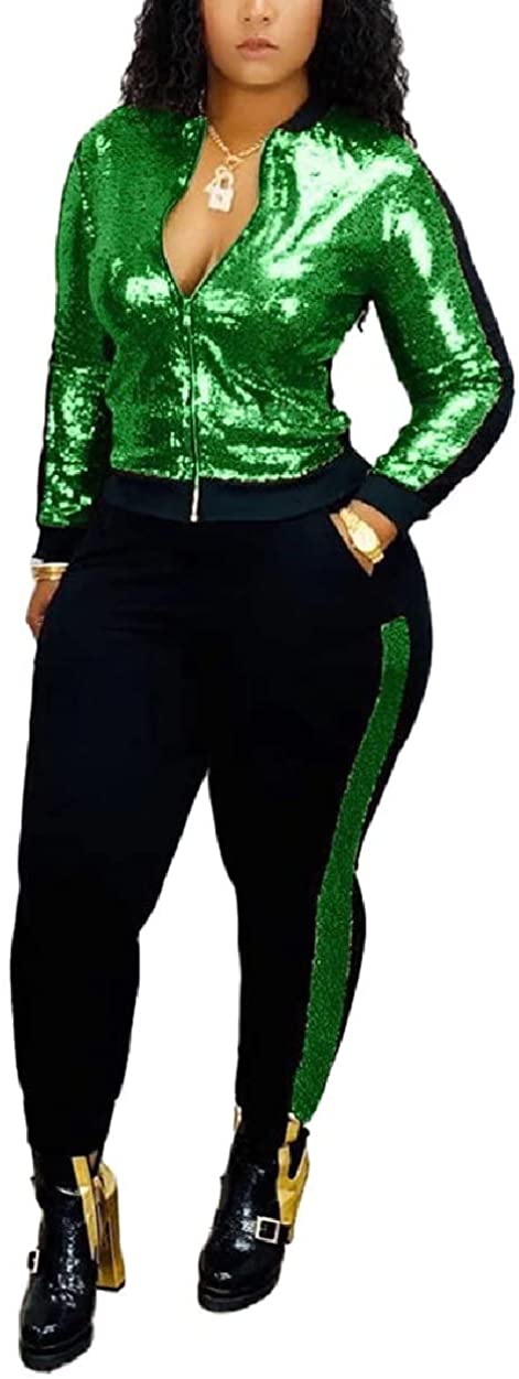 Price:$35.99 Women's Sexy Sequin Two Piece Outfits Pockets Glitter Metallic Jacket and Pant Bodycon Jogger Tracksuit Clubwear at Amazon Women’s Clothing store