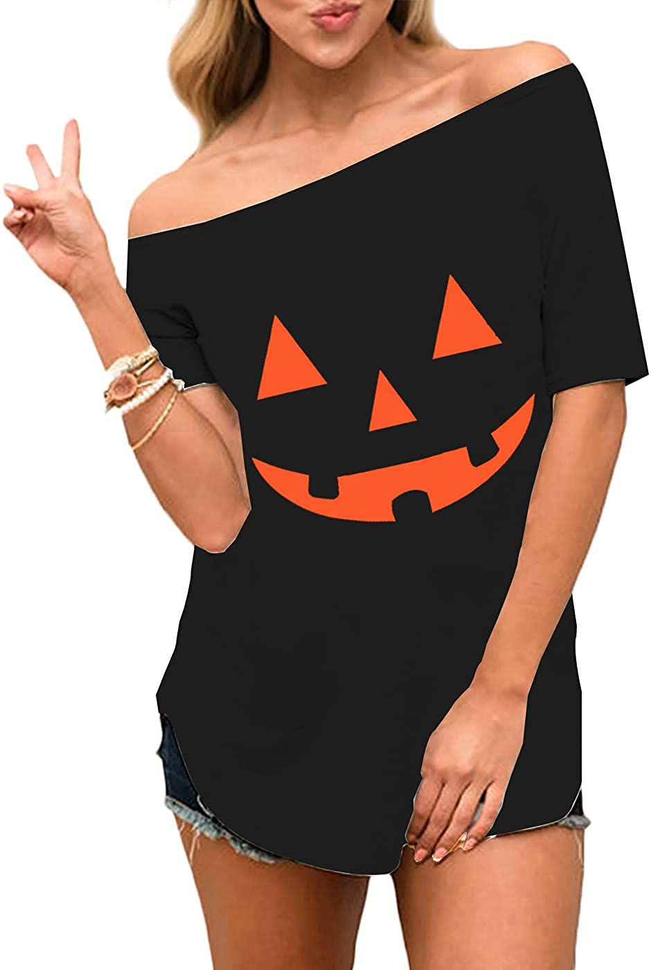 Price:$21.98 Pumpkin Face Women Sexy Off Shoulder Jack o Lantern Printed Holiday Novelty T Shirt : Clothing, Shoes & Jewelry