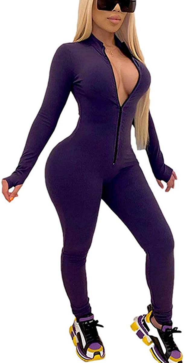 Price:$14.59 Women's Sexy One Piece Outfits Long Sleeve V Neck Zipper Jumpsuit Long Pants Bodycon Clubwear Overall : Clothing, Shoes & Jewelry
