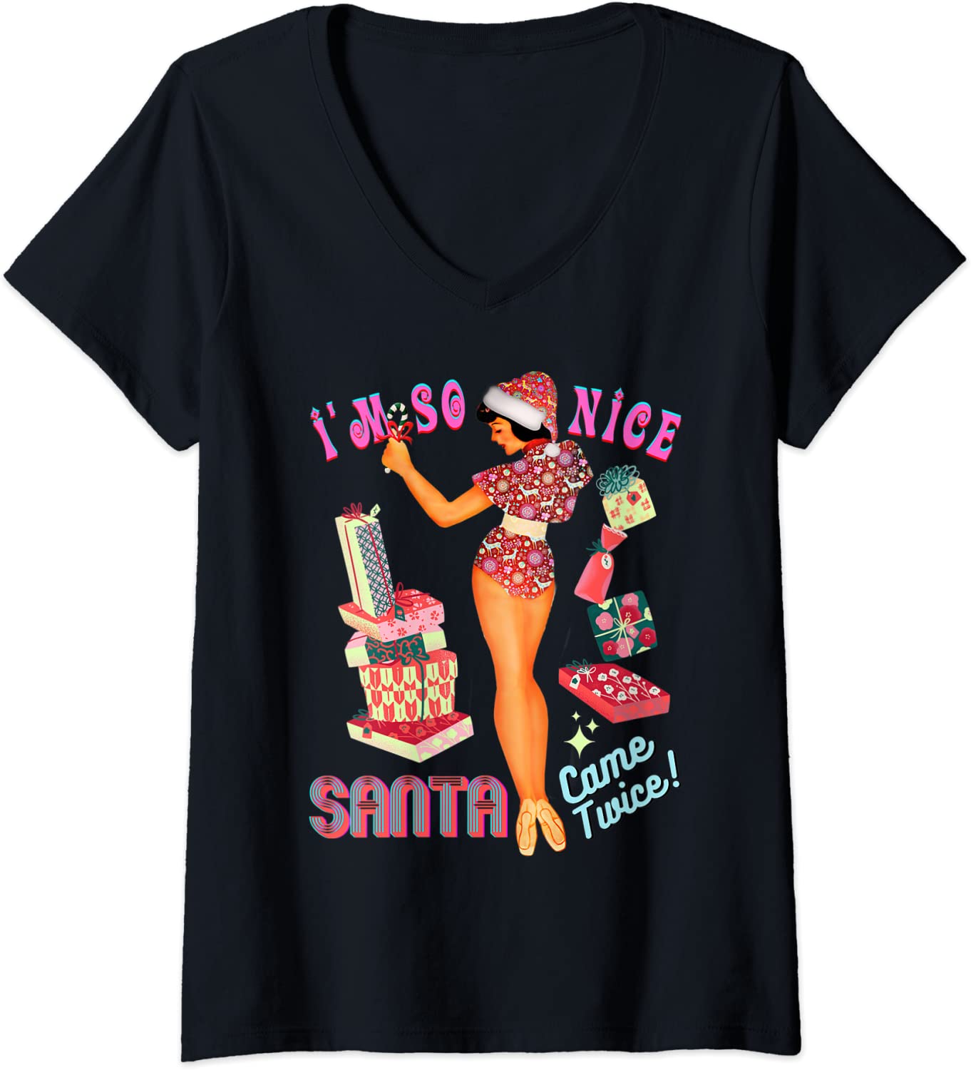 Price:$19.99 I'm-So-Nice-Santa-Came-Twice Naughty Joke Pun Meme Vintage V-Neck T-Shirt : Clothing, Shoes & Jewelry