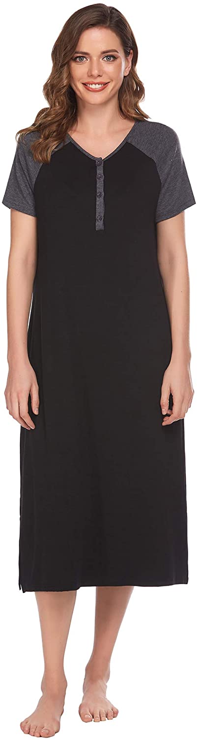 Price:$23.99 Nightgowns Women Short Sleeve Long Sleepwear Casual Nightshirt V Neck Loungerwear House Dress Button Down Baseball Sleepwear Black M at Amazon Women’s Clothing store