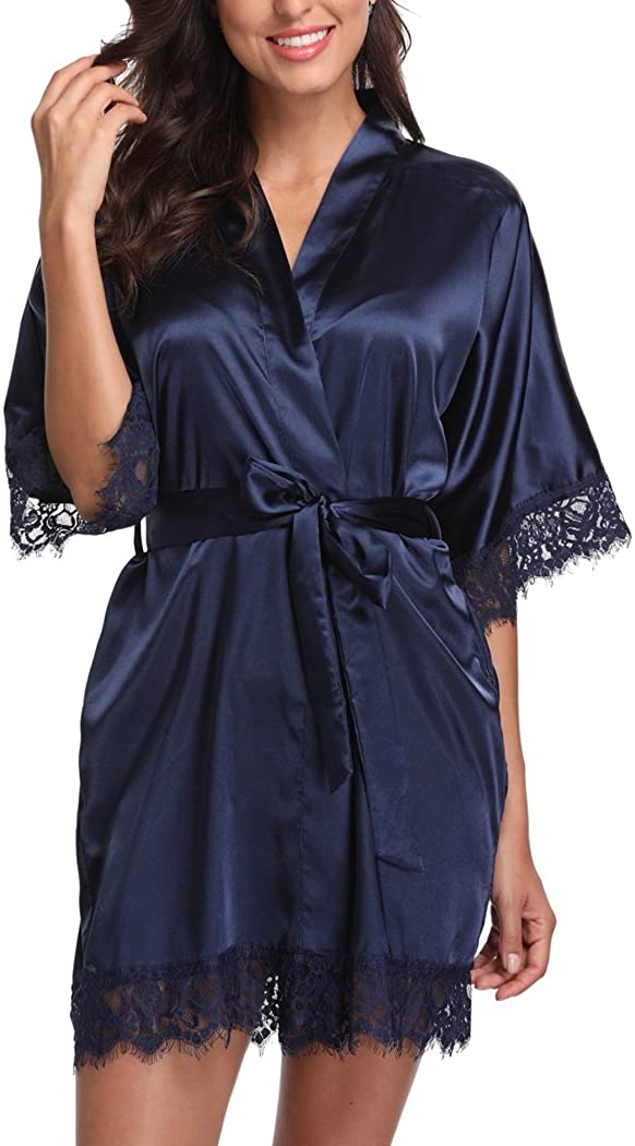 Price:$9.99 Satin Kimono Robes Women Pure Color Bridemaids Bath Robe with Lace Trim at Amazon Women’s Clothing store