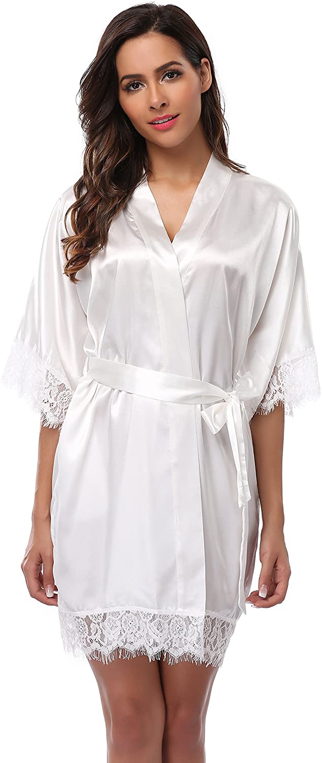 Price:$8.99 Satin Kimono Robe with Lace Trim Bridesmaid Party Robe V-Neck Short Lingerie Sleepwear at Amazon Women’s Clothing store