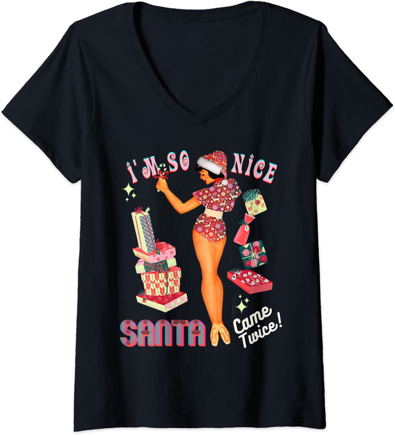 Price:$19.99 Cute I'm-So-Nice-Santa-Came-Twice Naughty Joke Vintage Glam V-Neck T-Shirt : Clothing, Shoes & Jewelry