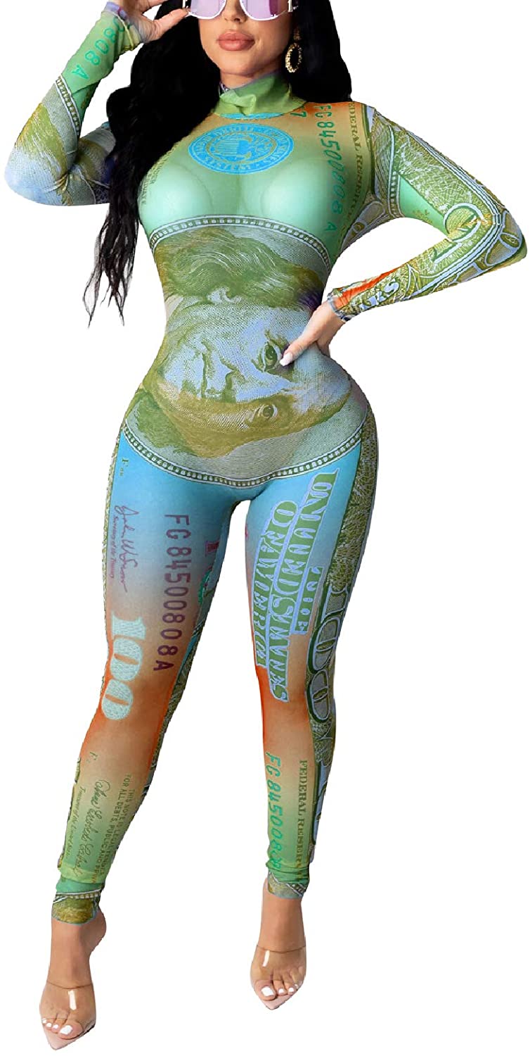 Price:$24.98 Women's Sexy Bodycon Jumpsuit See Through Mesh Money Print Bodysuit Long Sleeve Turtle Neck Romper Clubwear : Clothing, Shoes & Jewelry