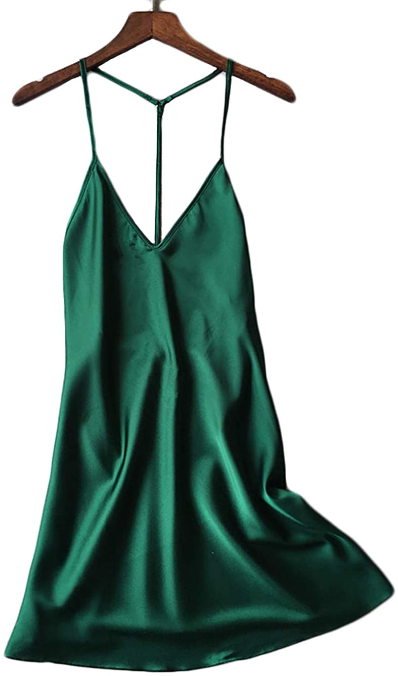 Price:$16.99 Silky Satin Nightie,Backless Lingerie for Women,Loose Sleepwear,Mini Nightgown,Spaghetti Strap Chemise at Amazon Women’s Clothing store