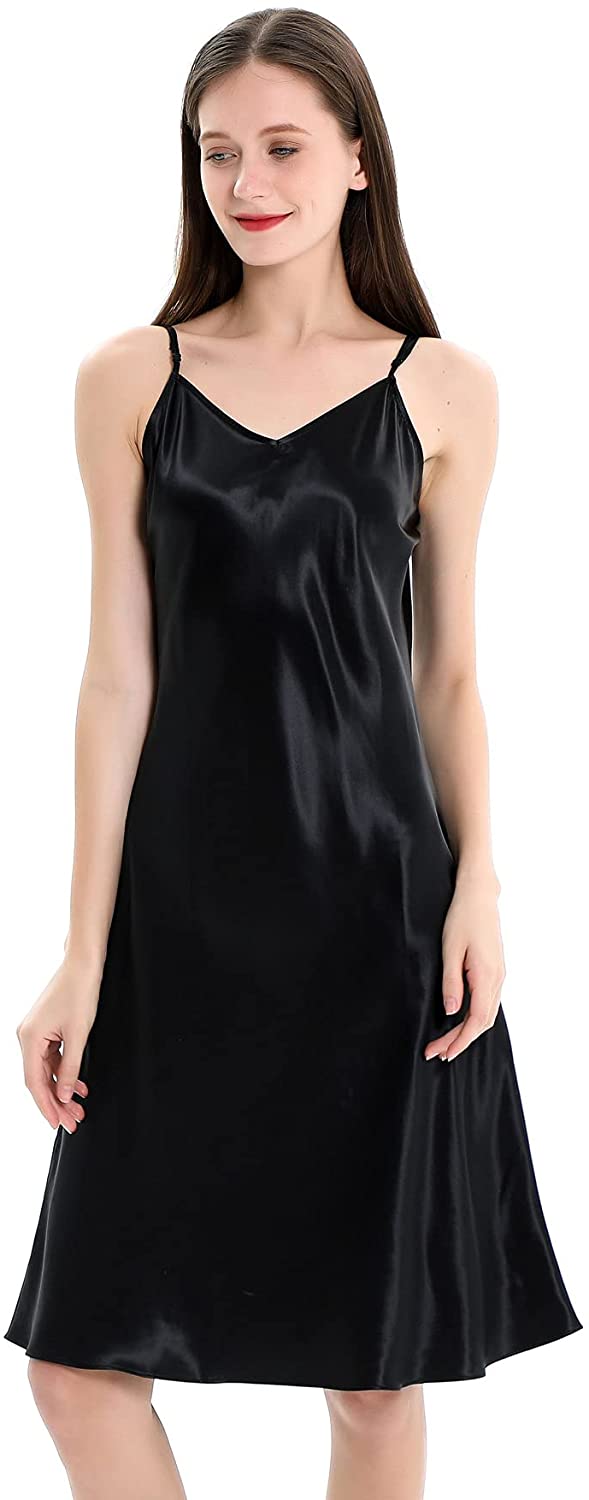 Price:$89.00 22 Momme Pure Mulberry Silk Nightdress Spaghetti Strap Negligee Nightgown Chemise Slip with Deep V Neck (Large, Blackness) at Amazon Women’s Clothing store