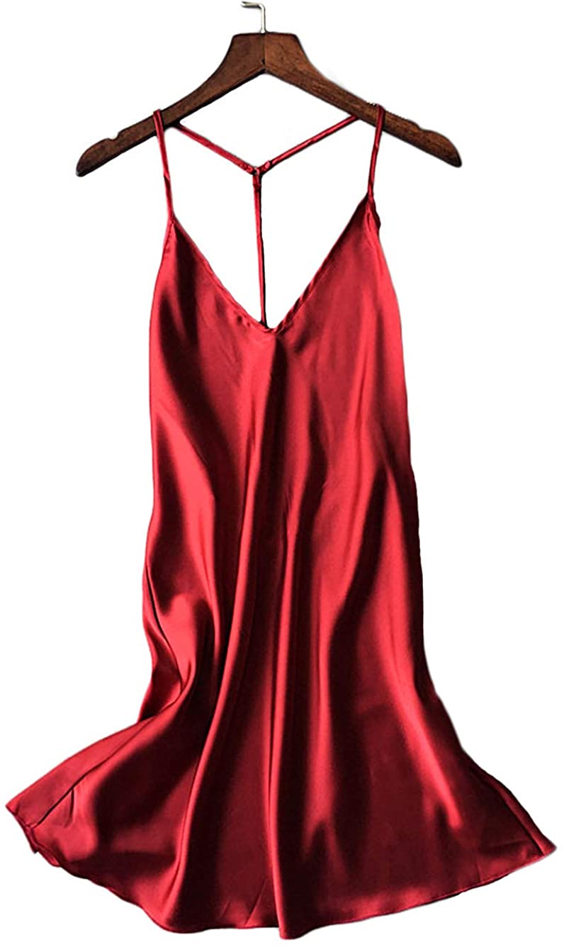 Price:$16.99 Silky Satin Nightie,Backless Lingerie for Women,Loose Sleepwear,Mini Nightgown,Spaghetti Strap Chemise at Amazon Women’s Clothing store