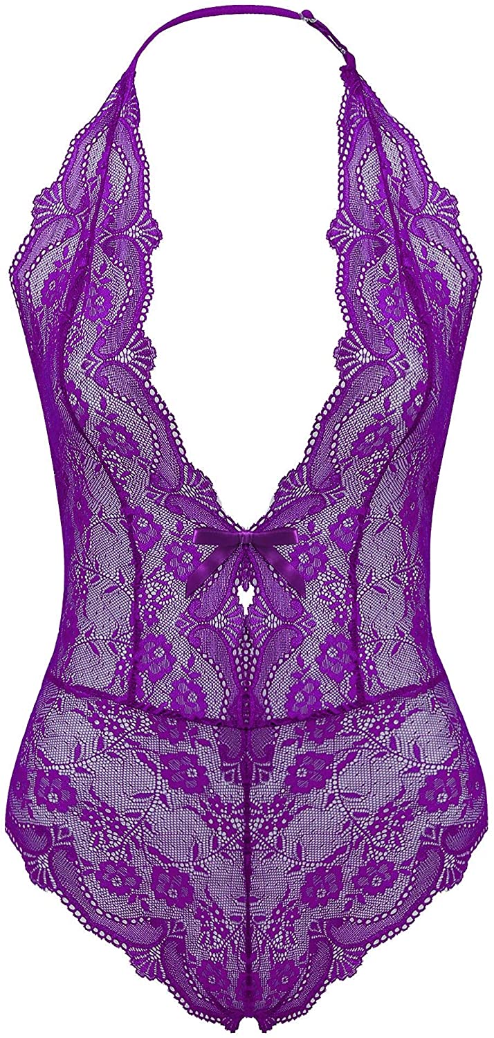 Price:$16.99 Womens Halter Plunging Teddy Lingerie Backless Lace Bodysuit at Amazon Women’s Clothing store