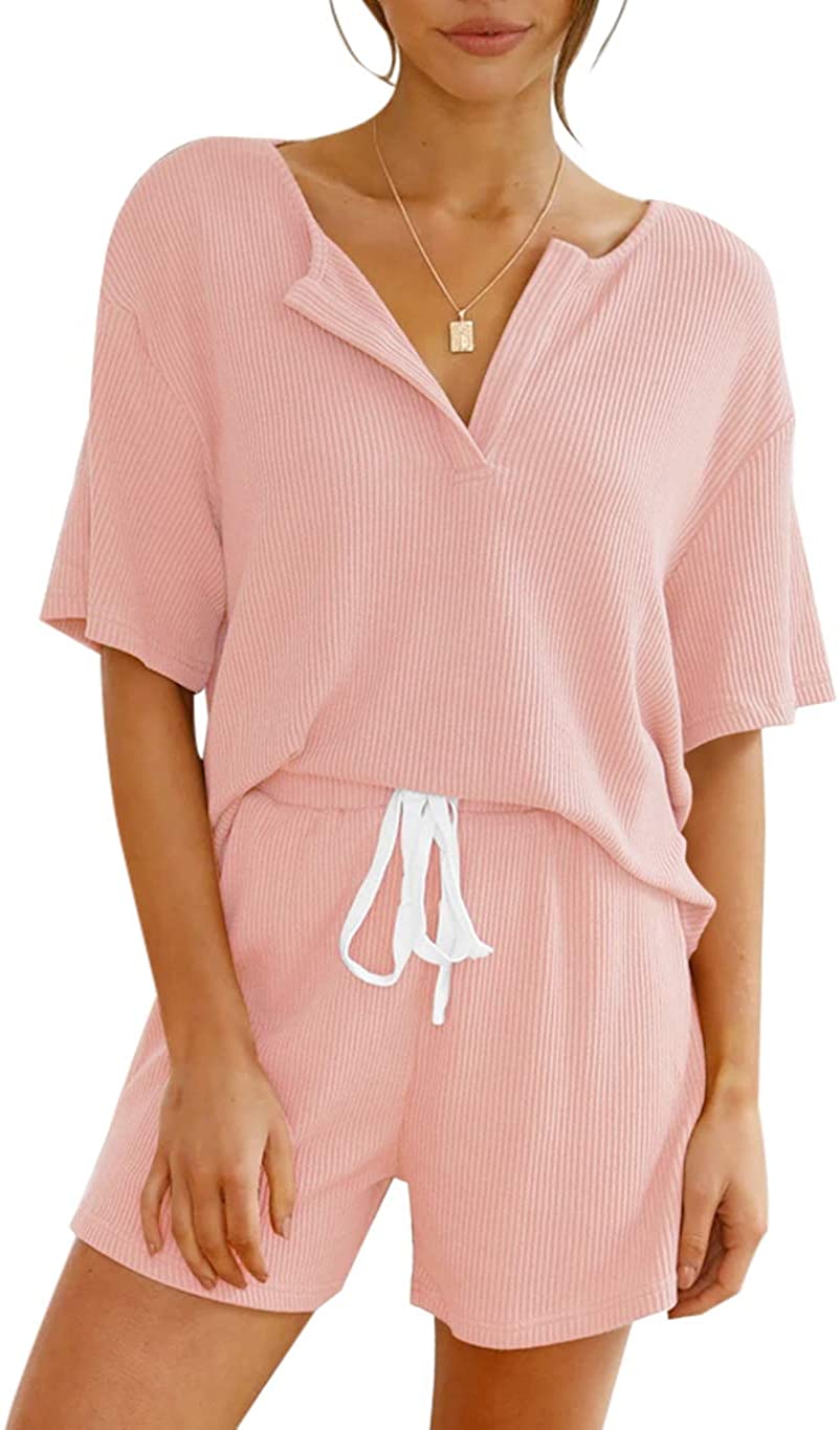 Price:$29.99 Women's Short Sleeve Lounge Set with Short Casual 2 Piece Knit V Henly Neck Outfit Sleepwear Pajamas : Clothing, Shoes & Jewelry