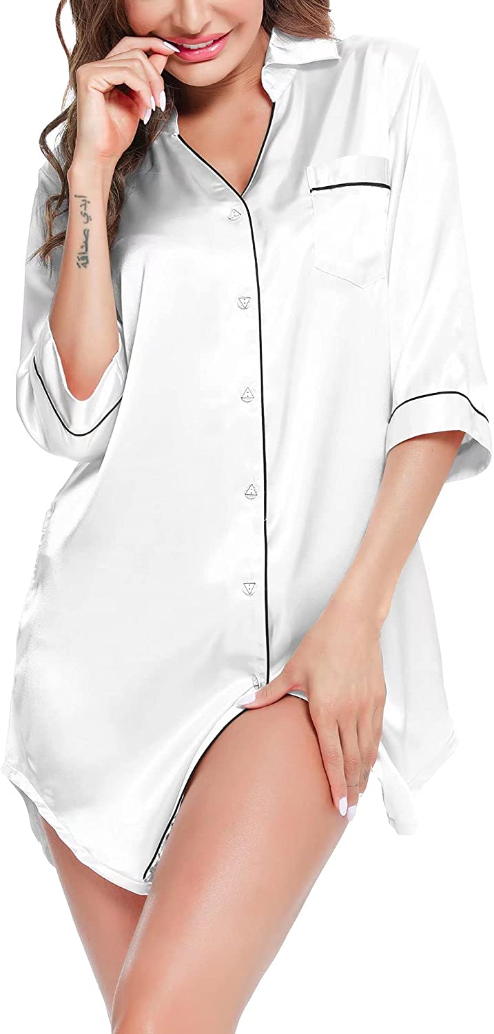 Price:$21.99 Women's Nightgown 3/4 Sleeve Sleepshirt Button Down Satin Sleepwear Boyfriend V Neck Pajama Top at Amazon Women’s Clothing store