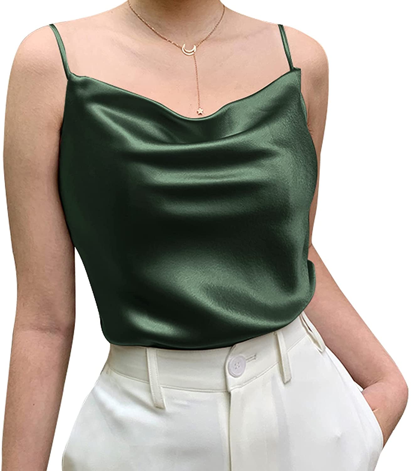 Price:$19.99 Basic Women's Silk Tank Top Ladies V-Neck Camisole Silky Loose Sleeveless Blouse Satin Tank Shirt at Amazon Women’s Clothing store