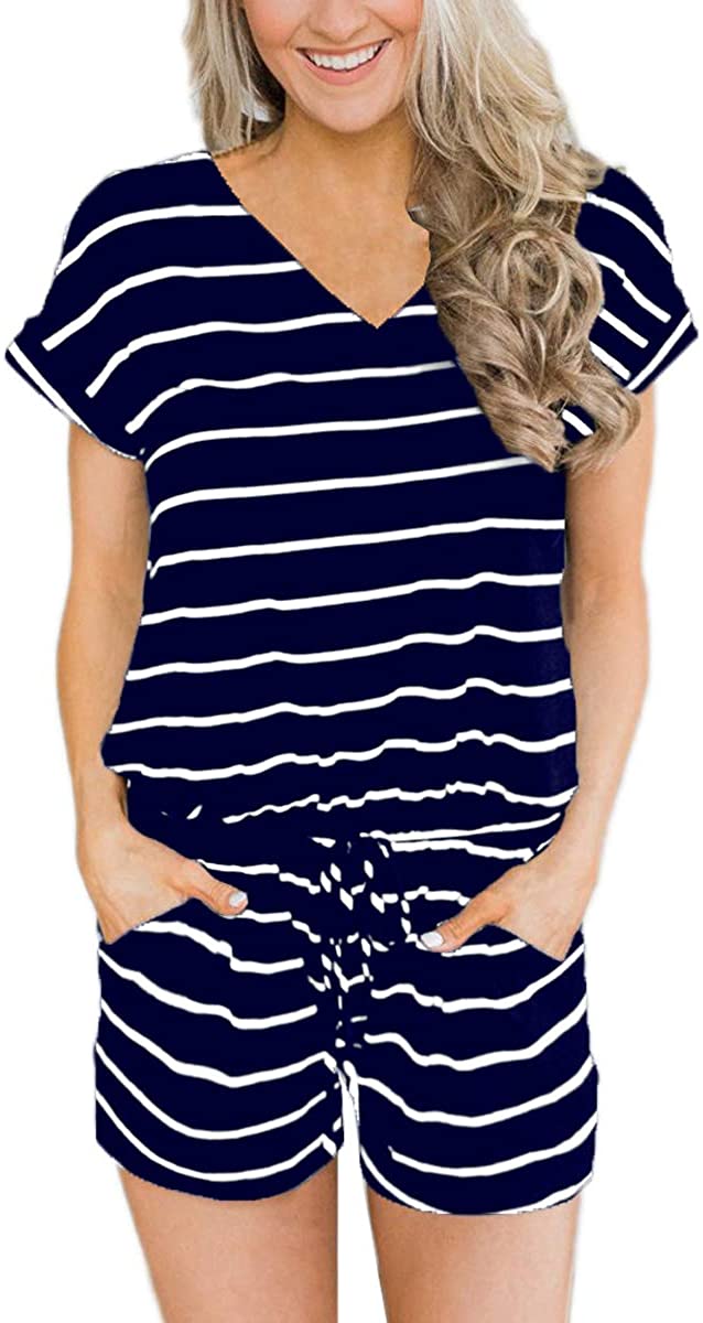 Price:$16.99 Women's Summer Casual Loose Jumpsuit V Neck Short Sleeve Elastic Waist Rompers Jumpsuit with Pockets : Clothing, Shoes & Jewelry