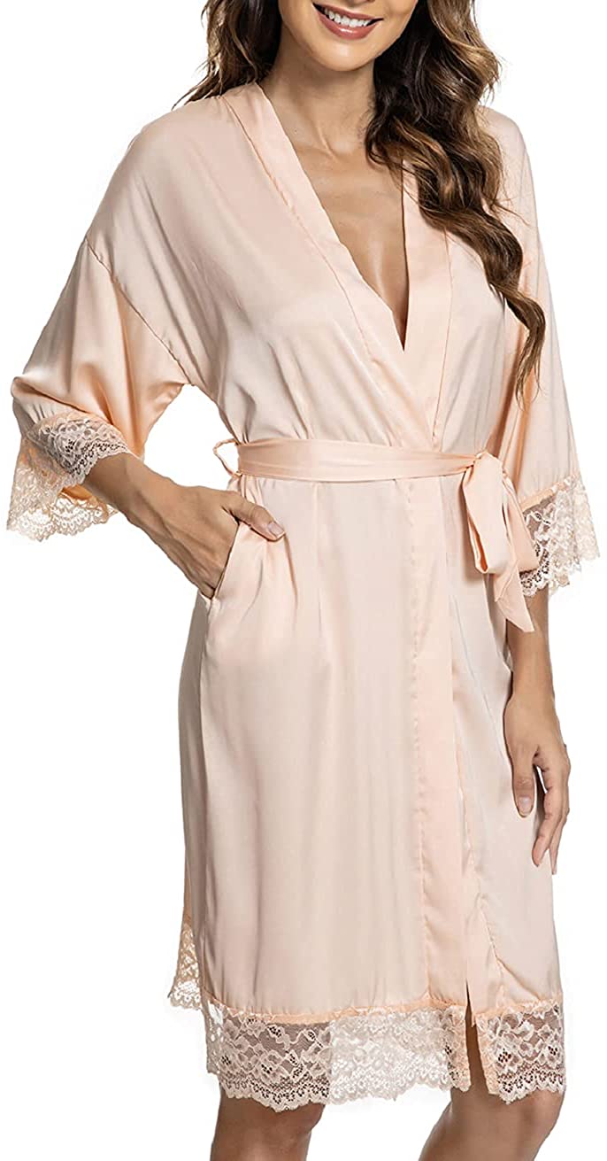 Price:$9.99 Lace Rim Robes for Women Kimono Bathrobe Short Satin Robe Nightgown Sleepwear Bridesmaids Lingerie V Neck at Amazon Women’s Clothing store